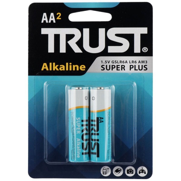 باتری قلمی 2 تایی تراست مدل Alkaline Super Plus LR6 با ولتاژ 1.5 ولت بسته بندی 2 تایی مناسب استفاده در انواع کنترل، دوربین، ساعت، رادیو و … باتری قلمی با تکنولوژی ساخت آلکالاین در سایز AA با میزان ولتاژ 1.5 ولت