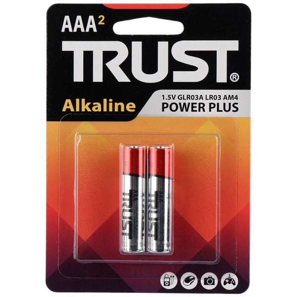 باتری 2 تایی نیم قلمی تراست مدل Alkaline Power Plus LR03 با ولتاژ 1.5 ولت بسته بندی 2 تایی مناسب استفاده در انواع کنترل، دوربین، ساعت، رادیو و … باتری نیم قلمی با تکنولوژی ساخت آلکالاین در سایز AAA با میزان ولتاژ 1.5 ولت